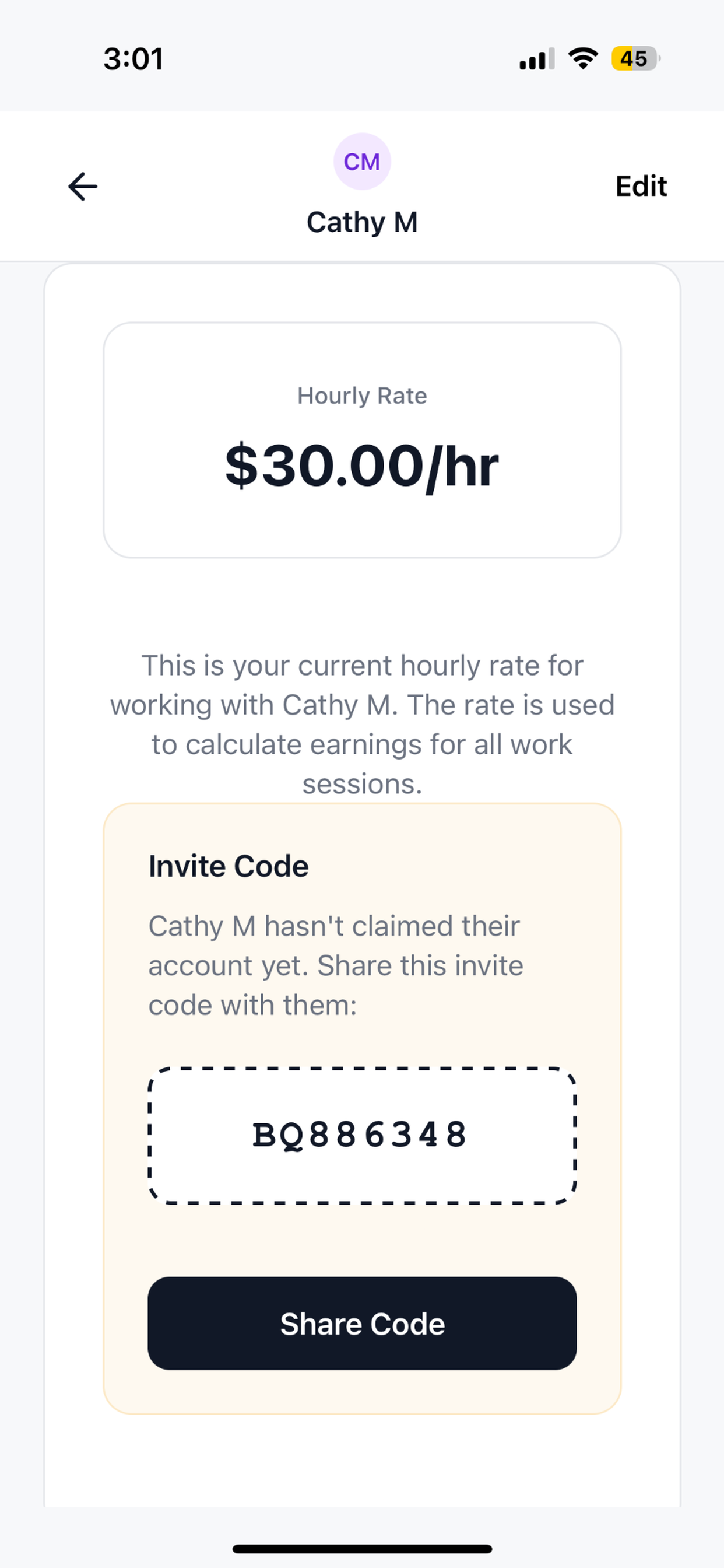 Setting an hourly rate for a family in TrackWork, with an invite code to share