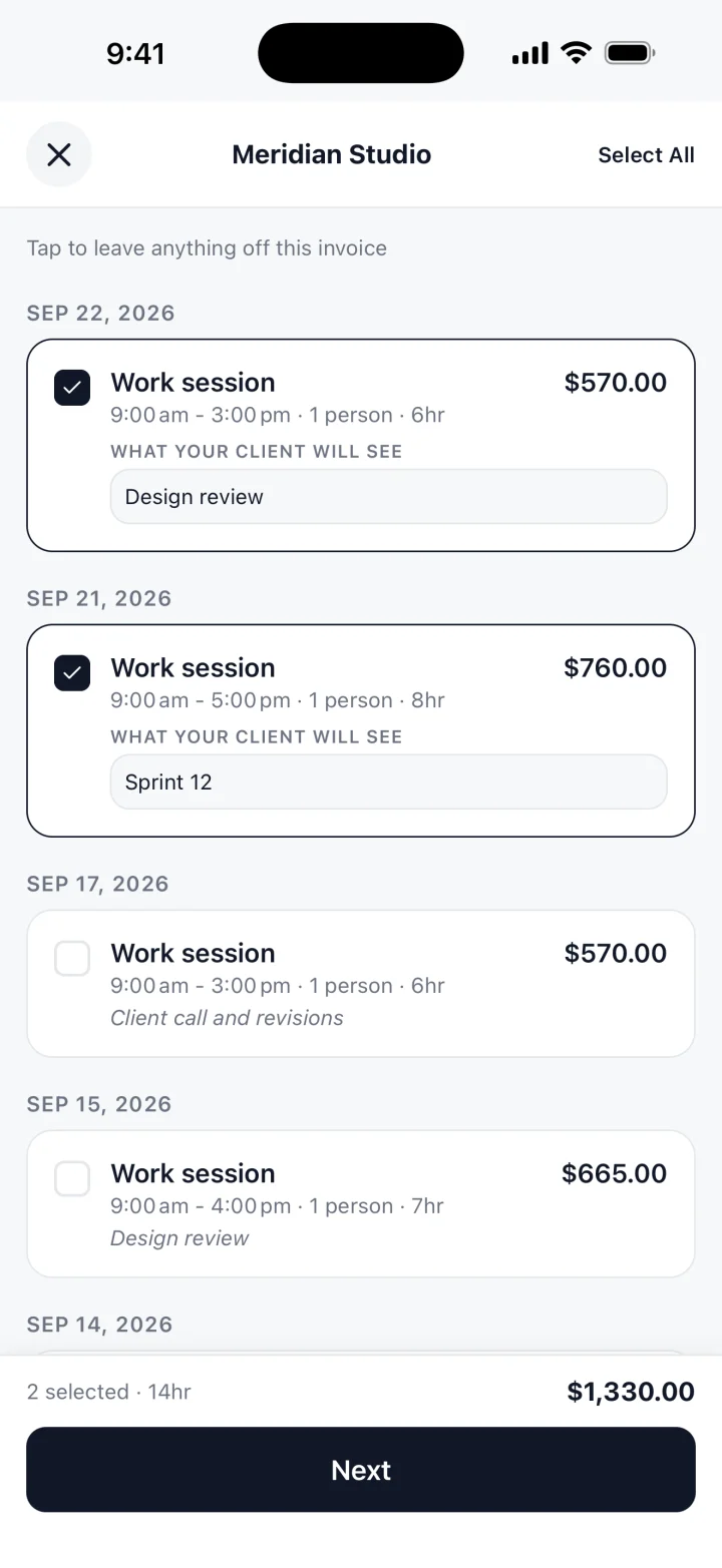 Choosing which sessions go on the invoice