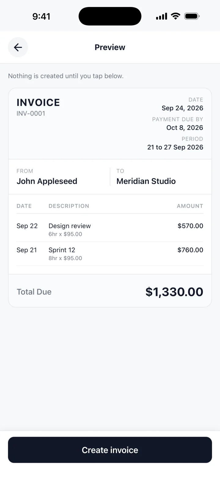 The invoice preview, built from the tracked sessions