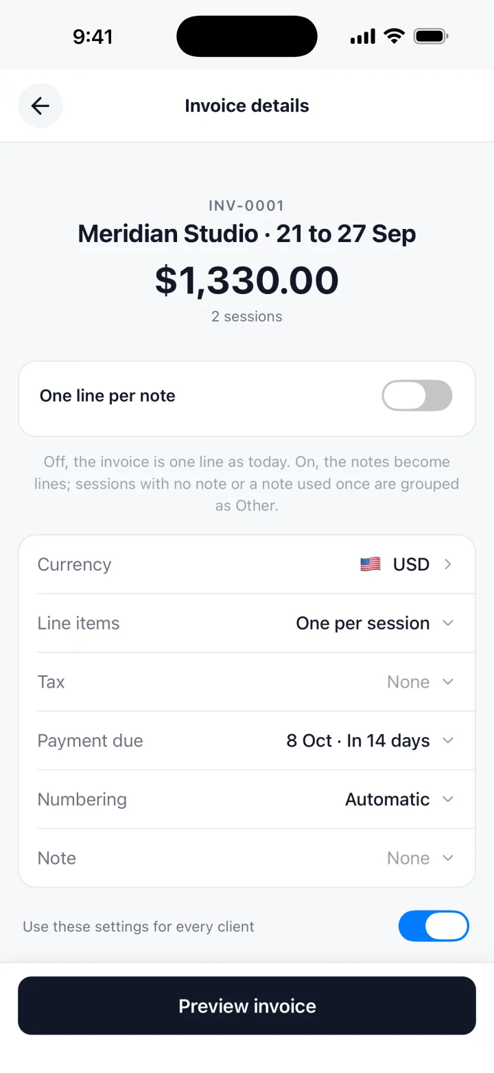 Invoice details: currency, tax, payment due and numbering