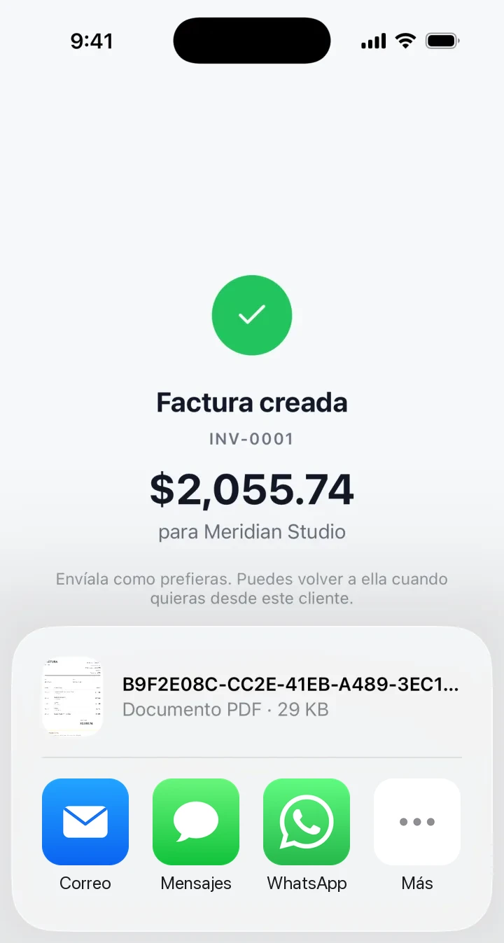 Factura creada, INV-0001, $2,055.74 para Meridian Studio, con el PDF listo para compartir en el iPhone