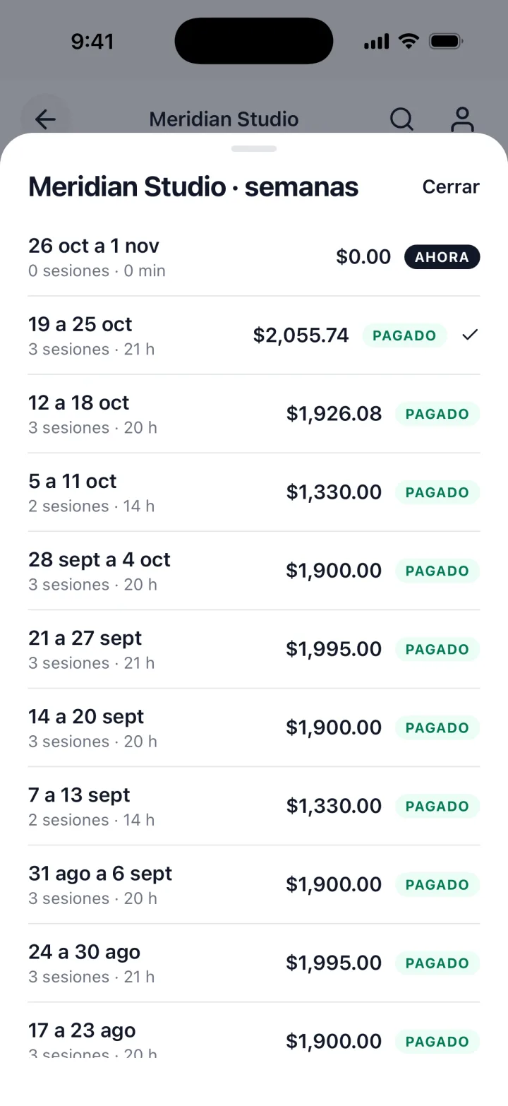 Meridian Studio por semana: 19 a 25 oct $2,055.74 pagado, 12 a 18 oct $1,926.08 pagado, y cada semana anterior pagada