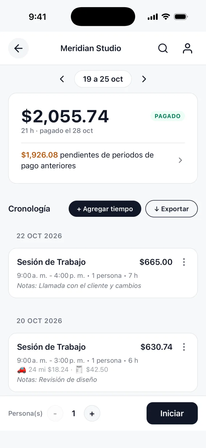 Meridian Studio, 19 a 25 oct: $2,055.74 por 21 horas, marcado como pagado el 28 oct