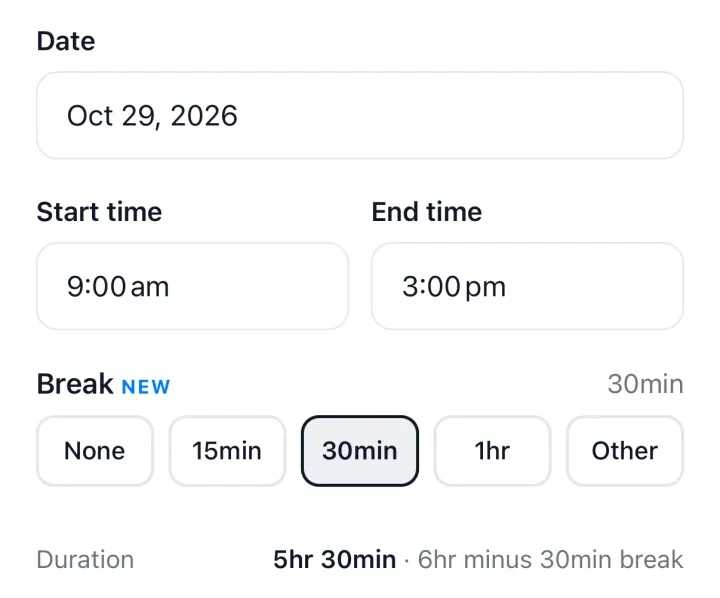 Agregar tiempo: de 9:00 a. m. a 3:00 p. m. con un descanso de 30 min, así que la duración es de 5 h 30 min
