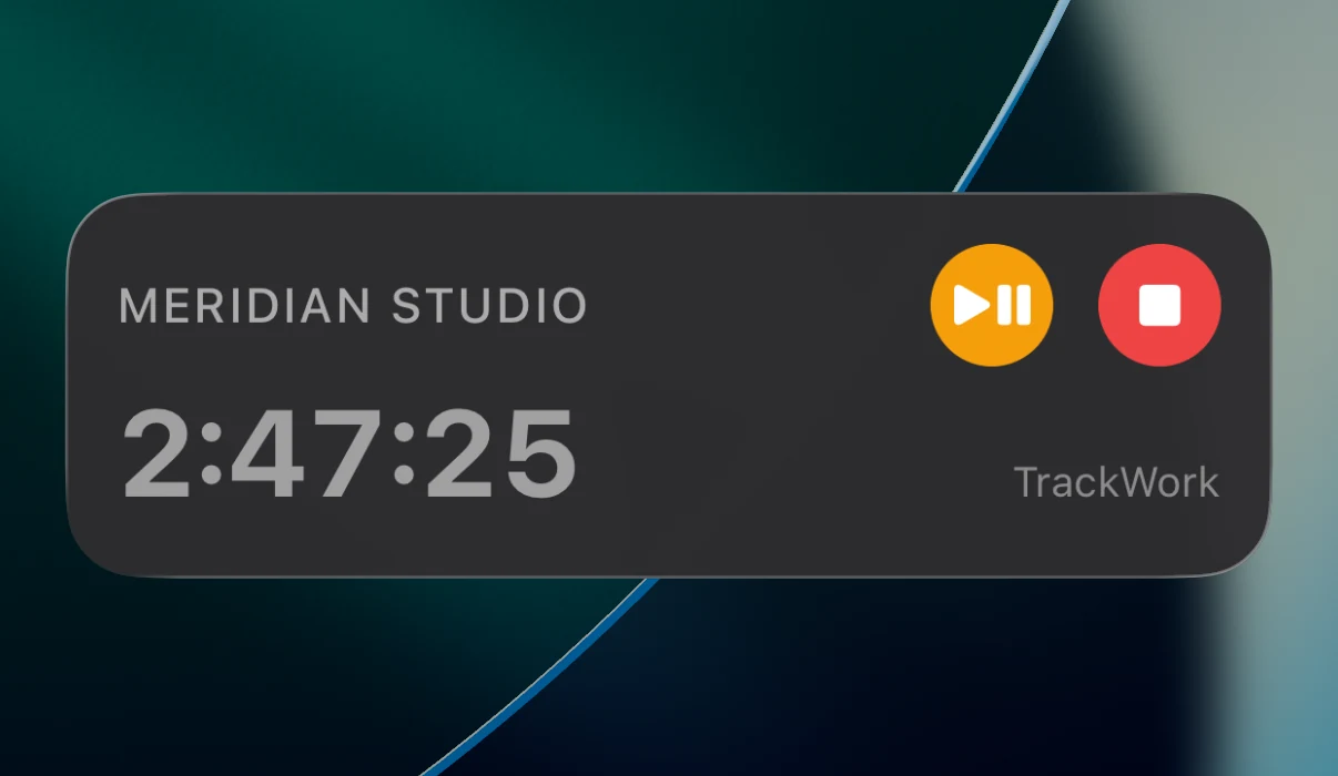 La pantalla de bloqueo: Meridian Studio en 2:47:25 con los botones de pausa y detener