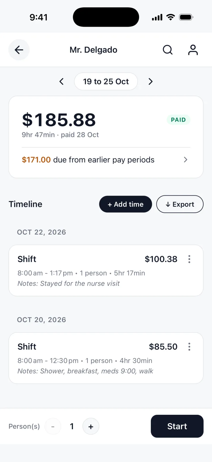 TrackWork on an iPhone: a week marked PAID, with the hours and the total.