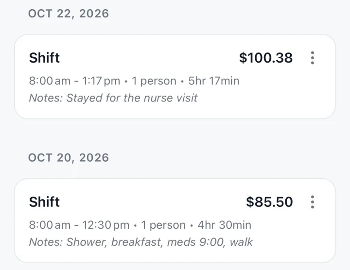 Two shifts for Mr. Delgado, each with its note: stayed for the nurse visit, and shower, breakfast, meds and a walk.