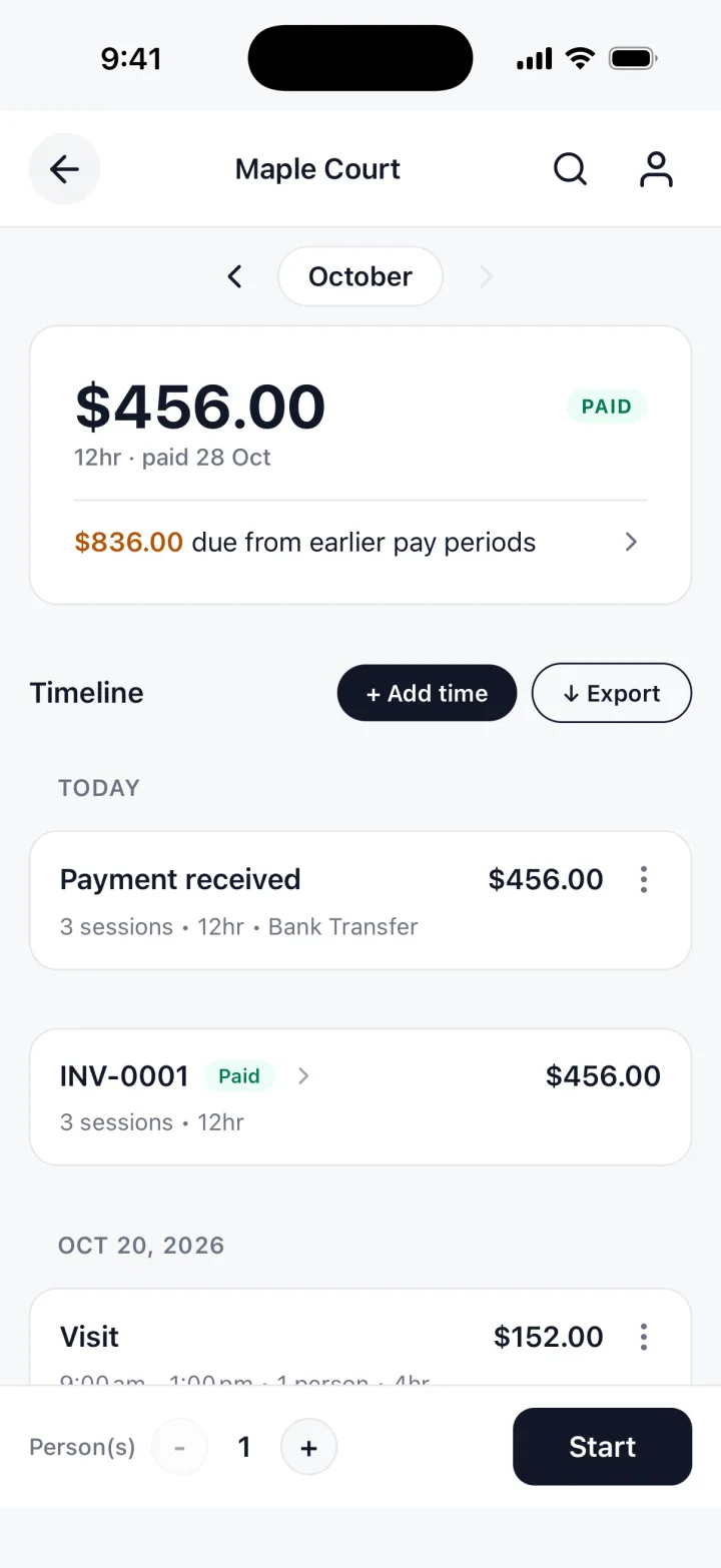 TrackWork on an iPhone: a week marked PAID, with the hours and the total.