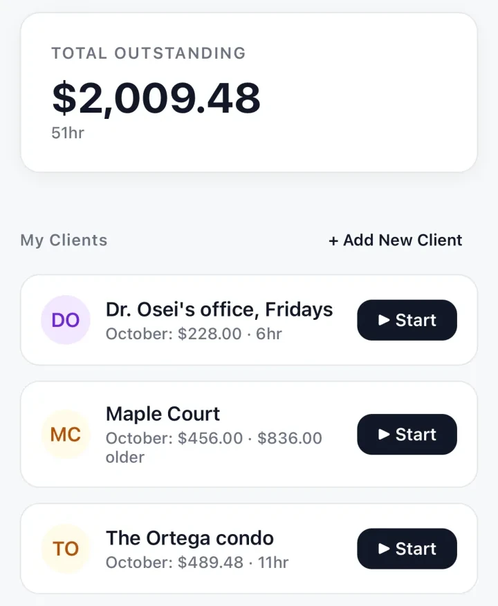 TrackWork home: Total Outstanding $2,009.48. Dr. Osei's office, Fridays: October $228.00. Maple Court: October $456.00, $836.00 older. The Ortega condo: October $489.48.