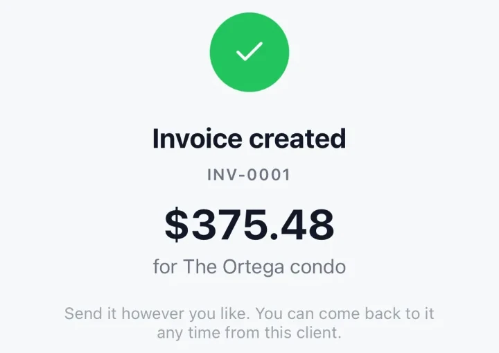 Invoice created, INV-0001, $375.48 for The Ortega condo.