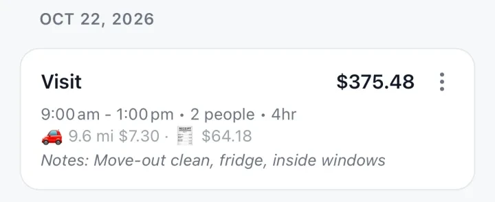 The Ortega condo, 22 Oct: Visit, 9:00 am to 1:00 pm, 2 people, 4hr, $375.48, with 9.6 mi $7.30 and a $64.18 receipt. Notes: Move-out clean, fridge, inside windows.
