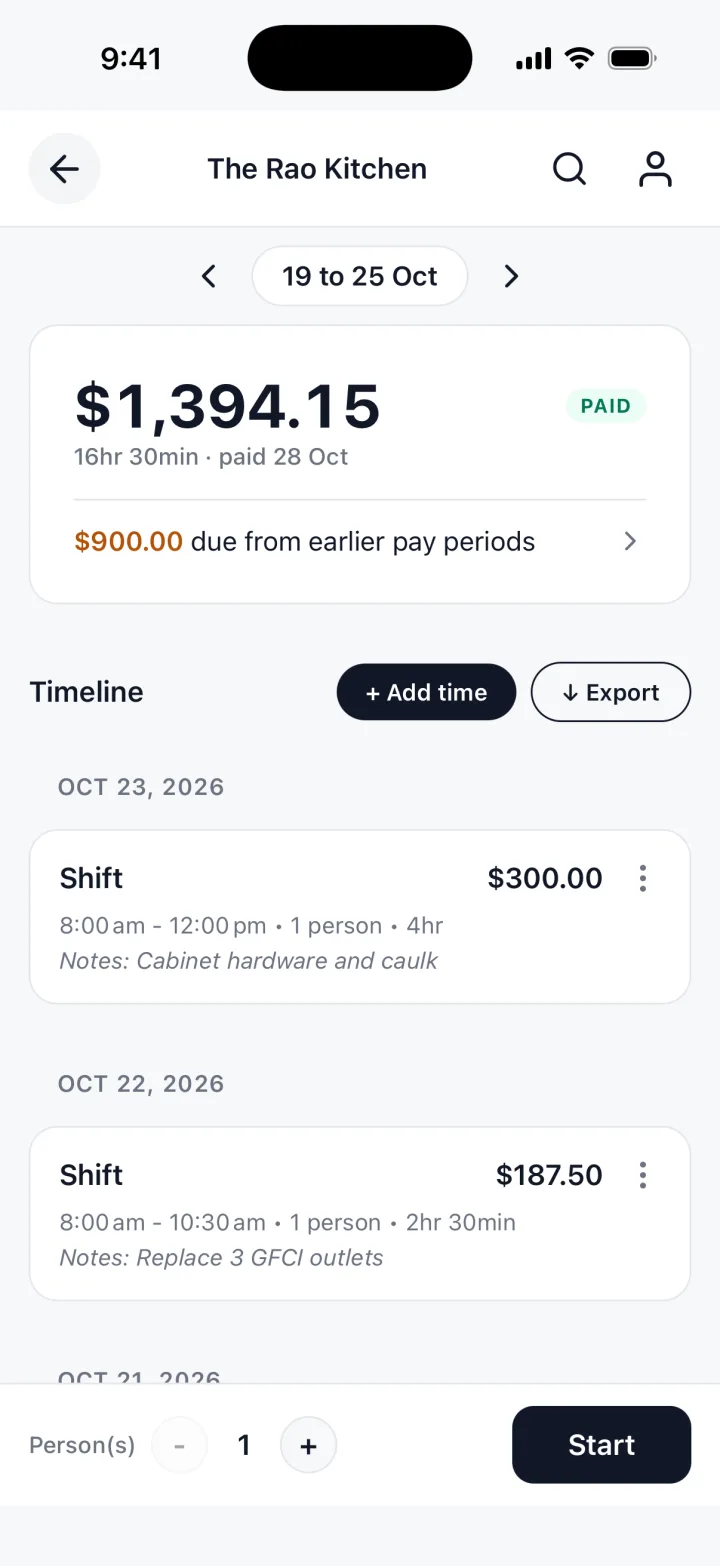 TrackWork on an iPhone: a week marked PAID, with the hours and the total.