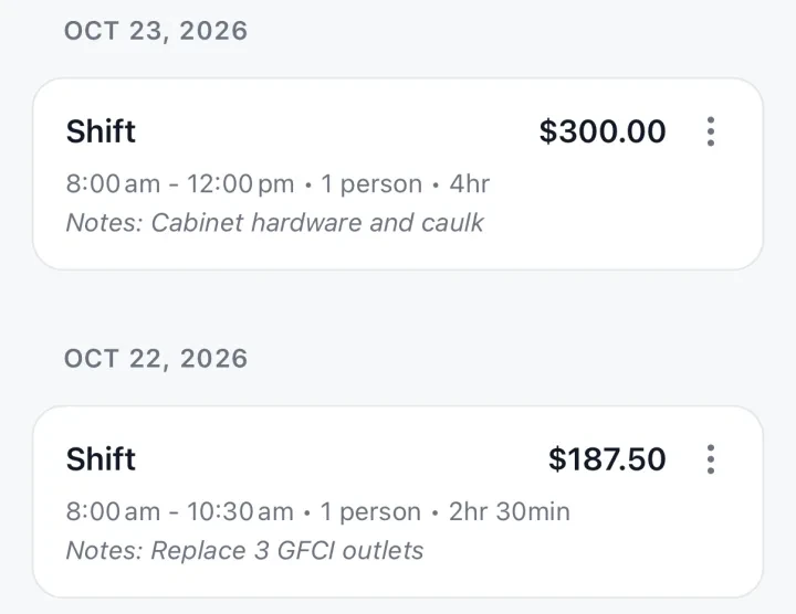 Two shifts at the Rao kitchen, each with its time and note: cabinet hardware and caulk, and replacing the GFCI outlets.