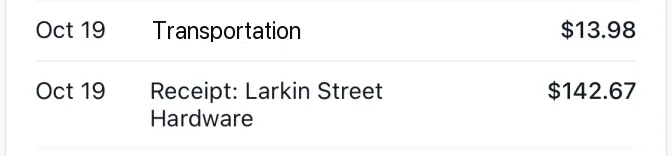 Invoice lines: Oct 19 Transportation, $13.98; Oct 19 Receipt: Larkin Street Hardware, $142.67.
