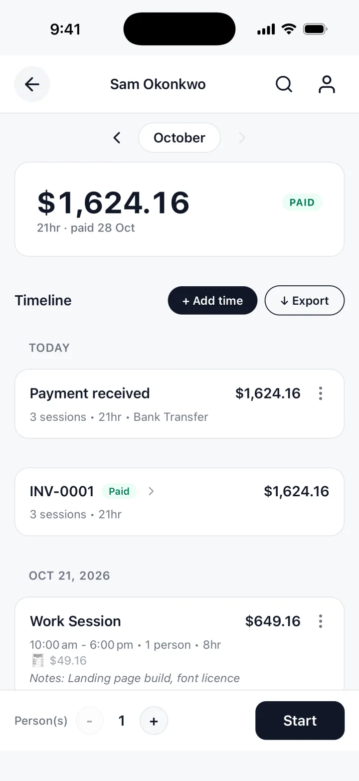 TrackWork on an iPhone: a week marked PAID, with the hours and the total.