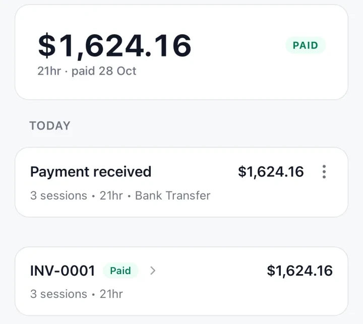 Sam Okonkwo, October: $1,624.16 PAID, the payment received by bank transfer, the invoice marked paid, and the Oct 21 work session with its receipt.