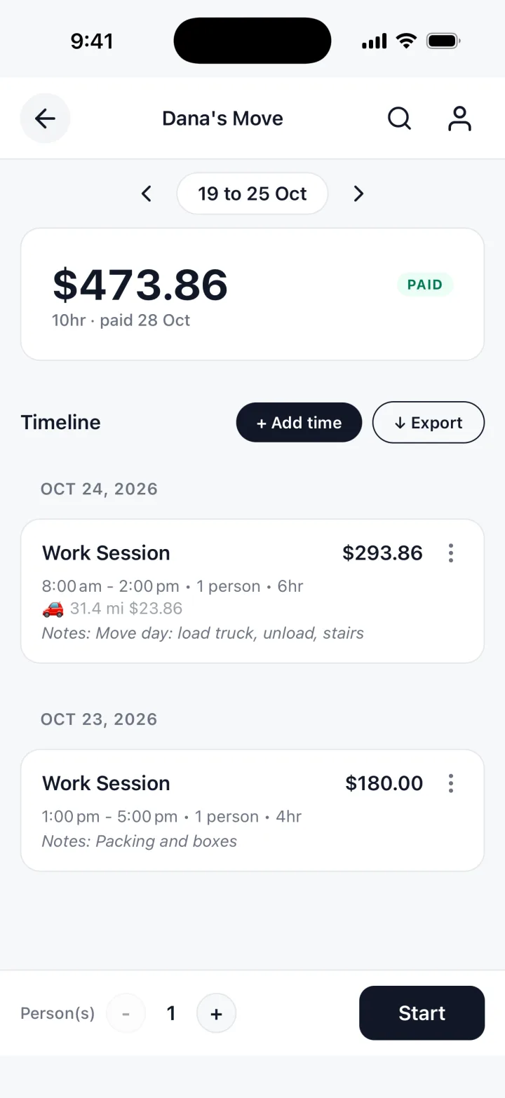 TrackWork on an iPhone: a week marked PAID, with the hours and the total.