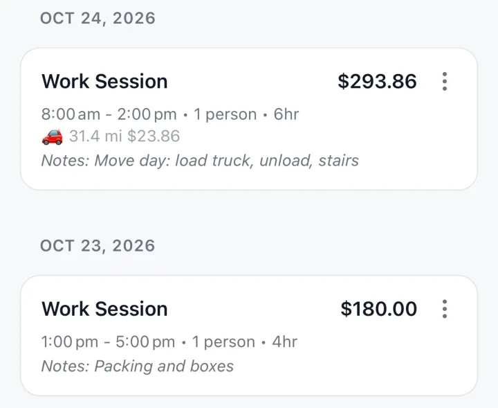 Two days of Dana's move, each with its time and note, the move day with its miles.