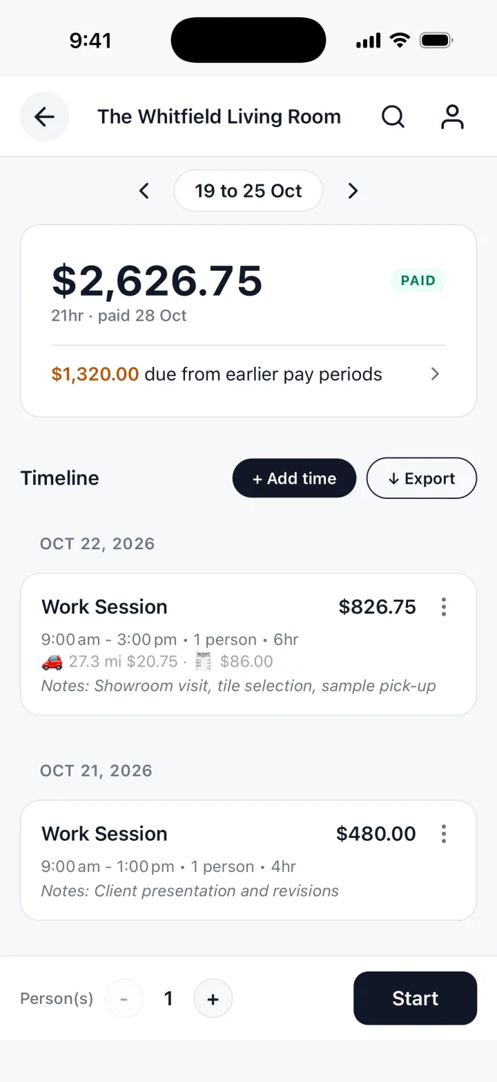 TrackWork on an iPhone: a week marked PAID, with the hours and the total.