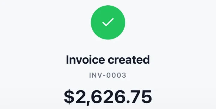 Invoice created, INV-0003, $2,626.75 for The Whitfield living room.
