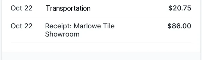 Invoice lines: Oct 22 Transportation, $20.75; Oct 22 Receipt: Marlowe Tile Showroom, $86.00.