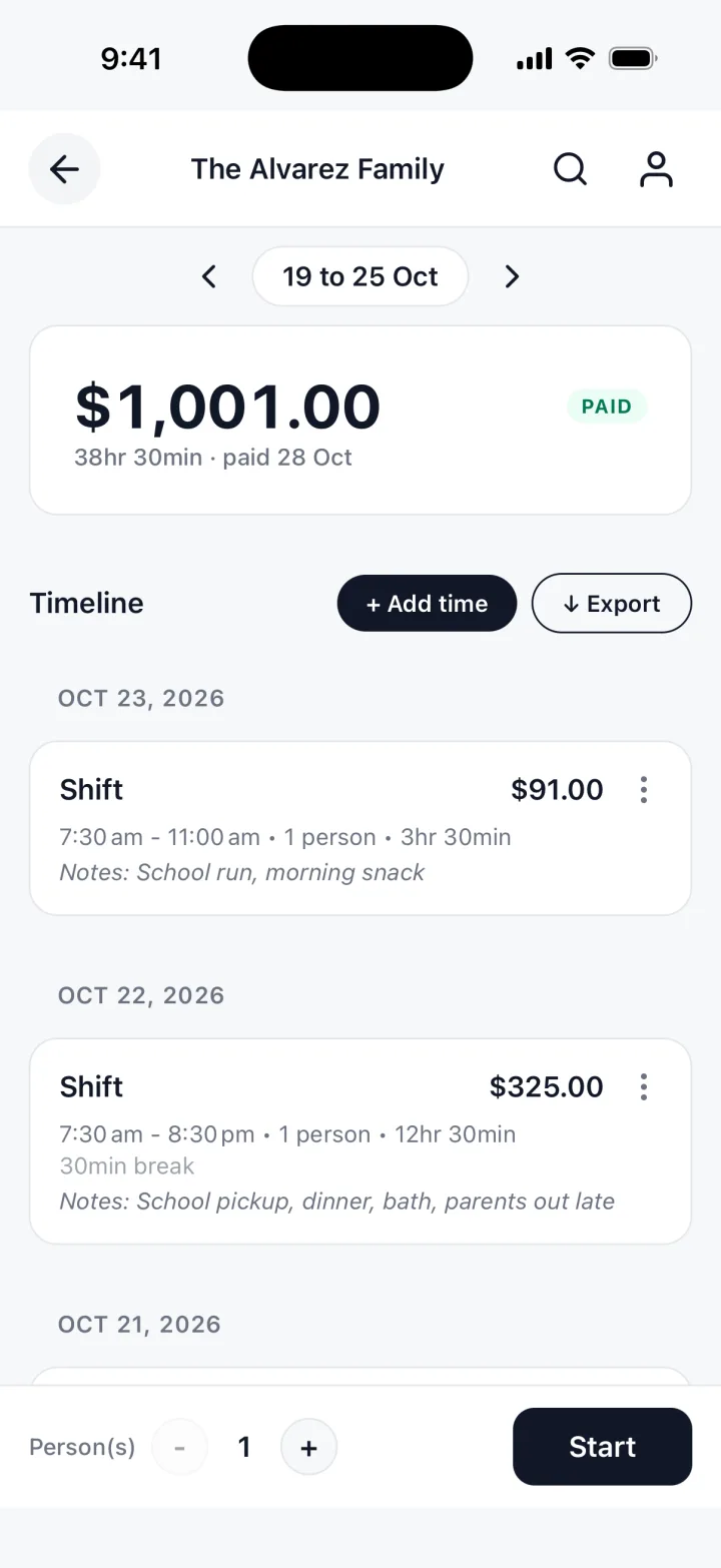 TrackWork on an iPhone: a week marked PAID, with the hours and the total.