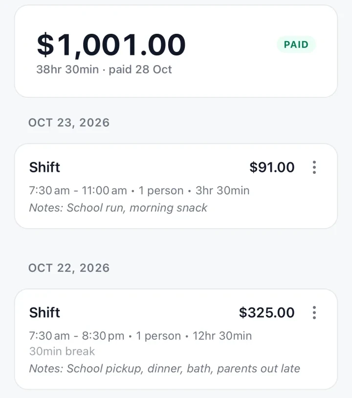 The Alvarez Family, 19 to 25 Oct: $1,001.00 PAID, 38hr 30min, paid 28 Oct. Thursday 22 Oct: Shift 7:30 am to 8:30 pm, 12hr 30min with a 30 min break, $325.00.