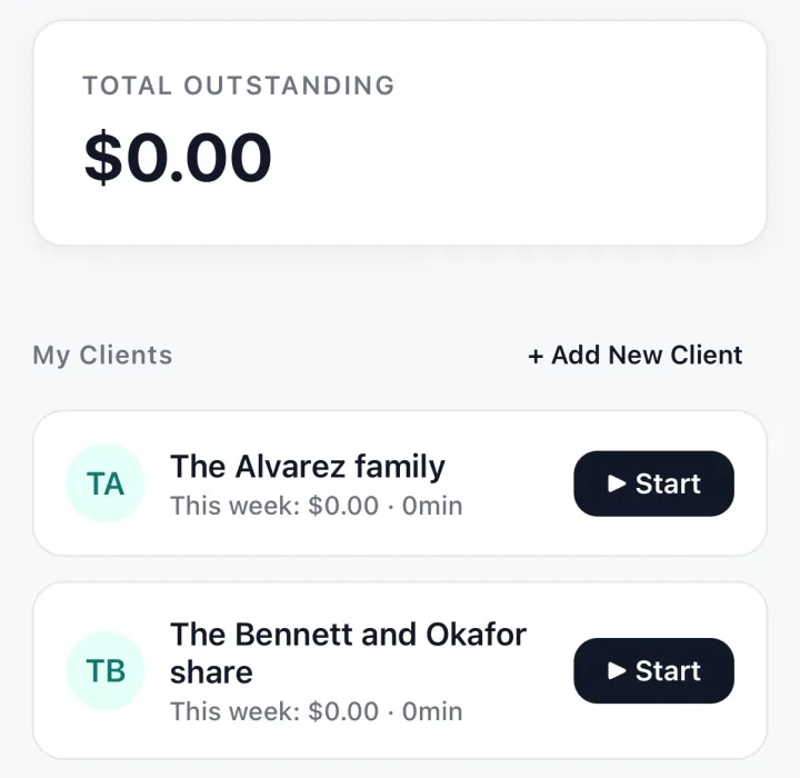 TrackWork home: Total outstanding $0.00. The Alvarez family and The Bennett and Okafor share, nothing owed.