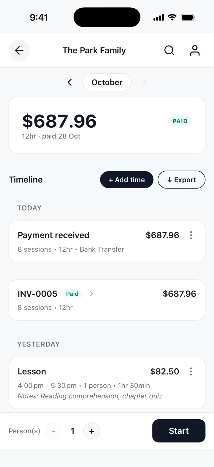 TrackWork on an iPhone: a week marked PAID, with the hours and the total.