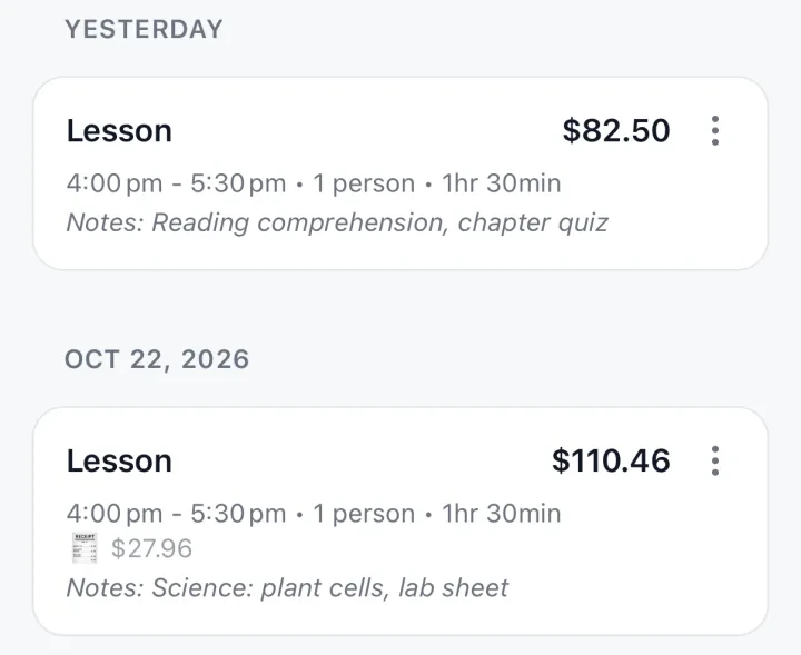 Two lessons with the Parks, each with its time and note: reading comprehension and a chapter quiz, and plant cells with a lab sheet.