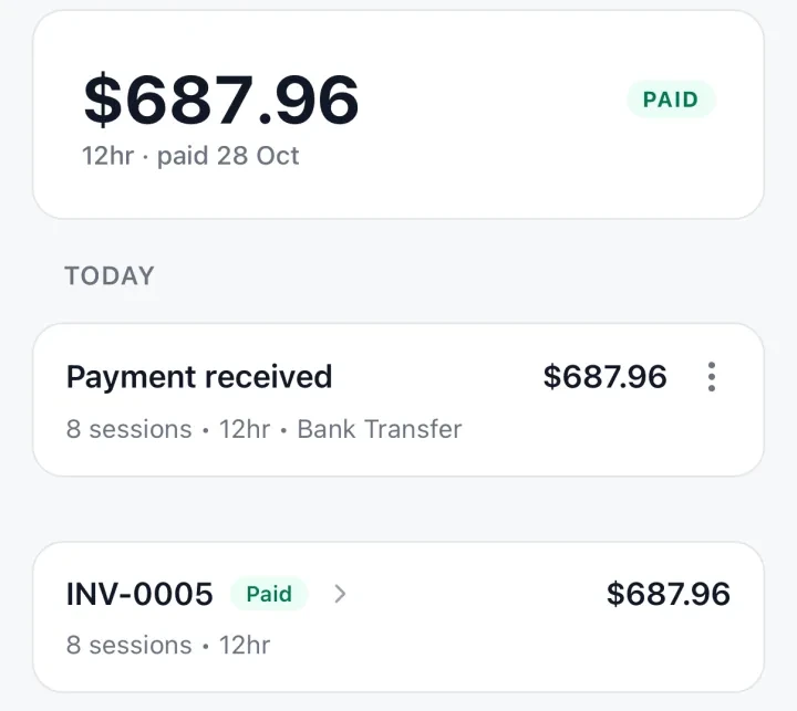 The Park family, October: $687.96 PAID, with the payment received and INV-0005 marked paid.