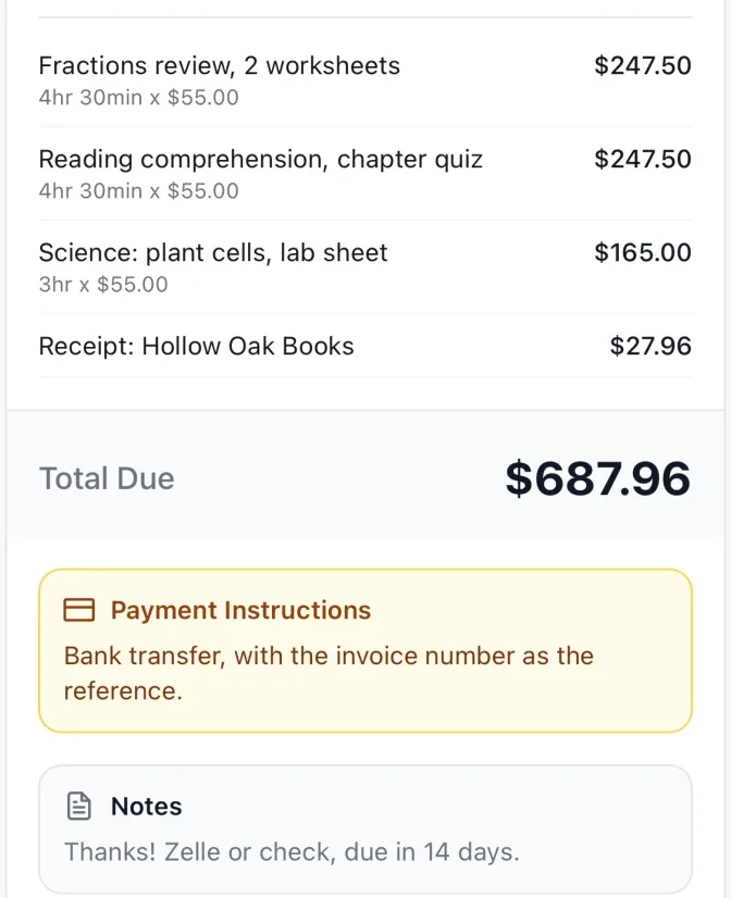 The Park family's October invoice: three lines of lessons with their notes, the Hollow Oak Books receipt, and the total due.