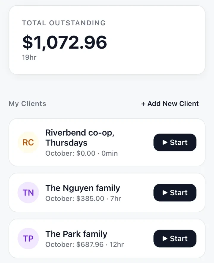 TrackWork home: Total Outstanding at the top, then the Riverbend co-op, the Nguyen family and the Park family with this month's amounts.
