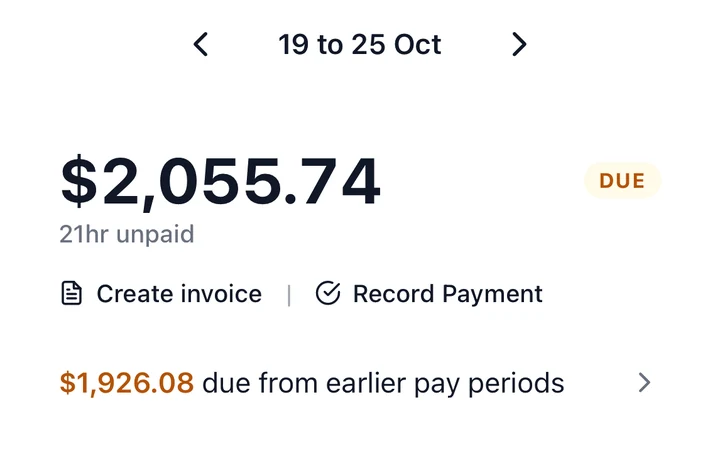 Meridian Studio, 19 a 25 oct: $2,055.74 por cobrar, 21 horas sin pagar, y $1,926.08 pendientes de periodos anteriores