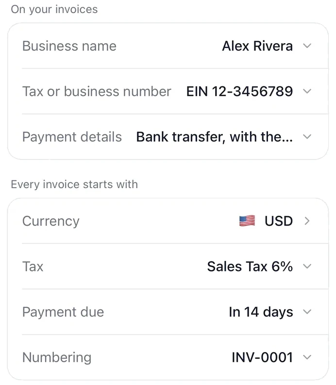 Ajustes de la factura: nombre del negocio Alex Rivera, EIN 12-3456789, datos para transferencia bancaria, USD, impuesto sobre ventas del 6%, pago en 14 días, numeración INV-0001