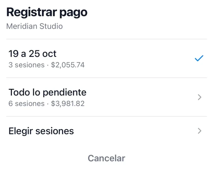 Registrar pago de Meridian Studio: 19 a 25 oct, 3 sesiones, $2,055.74, o todo lo pendiente, o elegir sesiones