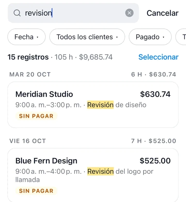 Una búsqueda de revisión: 15 registros, 105 h, $9,685.74, con sesiones de Meridian Studio y Blue Fern Design sin pagar