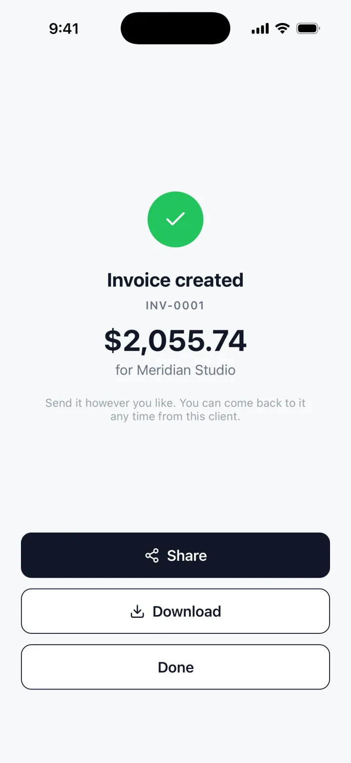 TrackWork on an iPhone: Invoice created, with Share and Download.