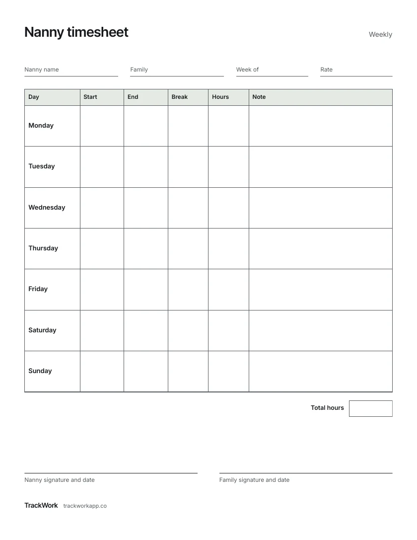 The nanny timesheet: a blank weekly sheet with columns for day, start, end, break, hours and note, totals and two signature lines